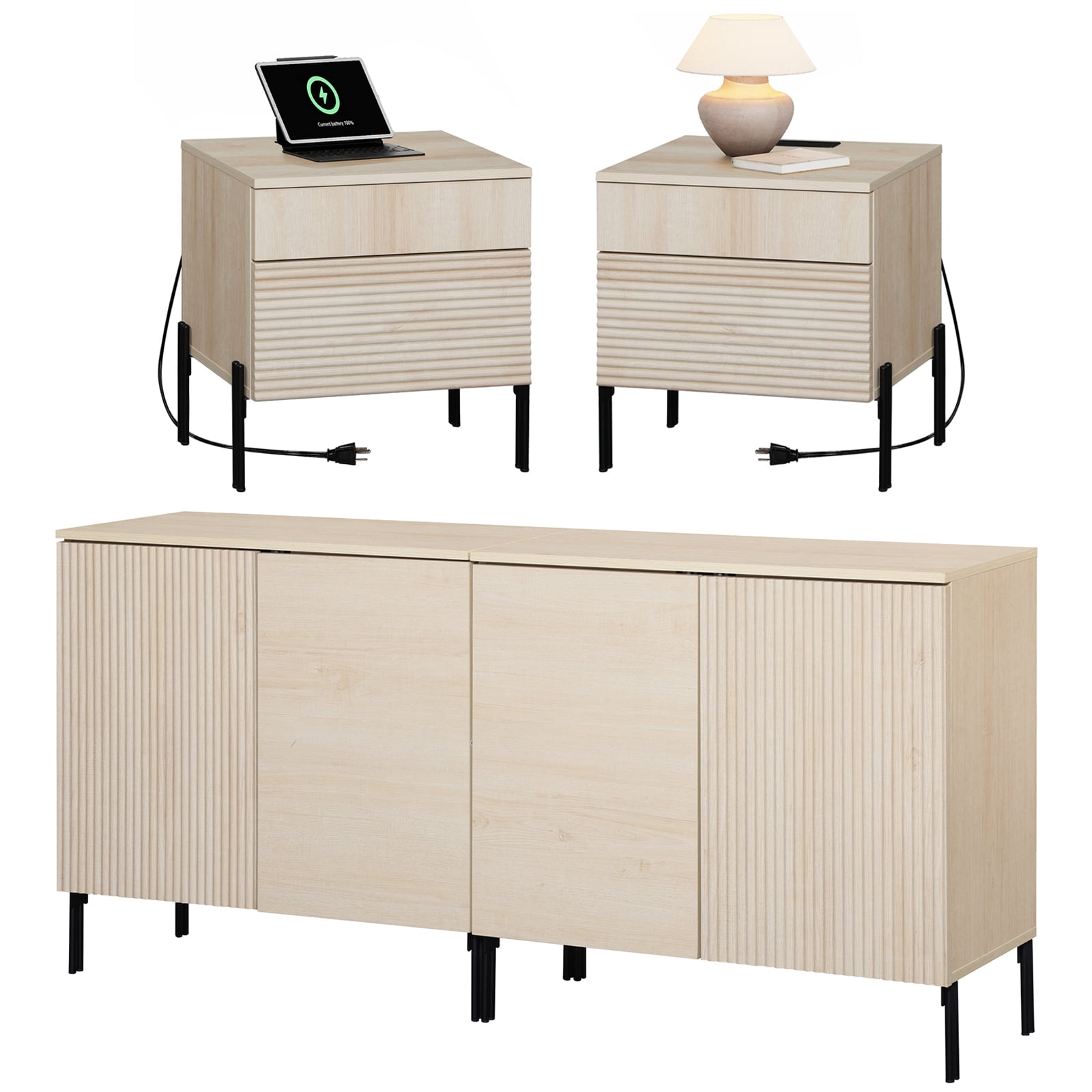 4 Pcs Bedroom Set，Wooden Dresser and Nightstand Sets for Bedroom, Reeded Dresser Set with Adjustable Shelves, Night Stand of 2 with Charging Station