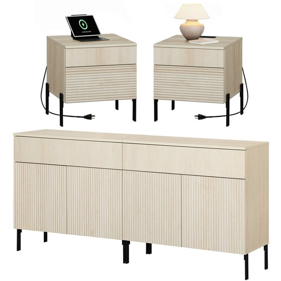 4 Pcs Bedroom Set,Wooden Dresser and Nightstand Sets for Bedroom, Reeded Dresser Set with Doors, Night Stand of 2 with Charging Station