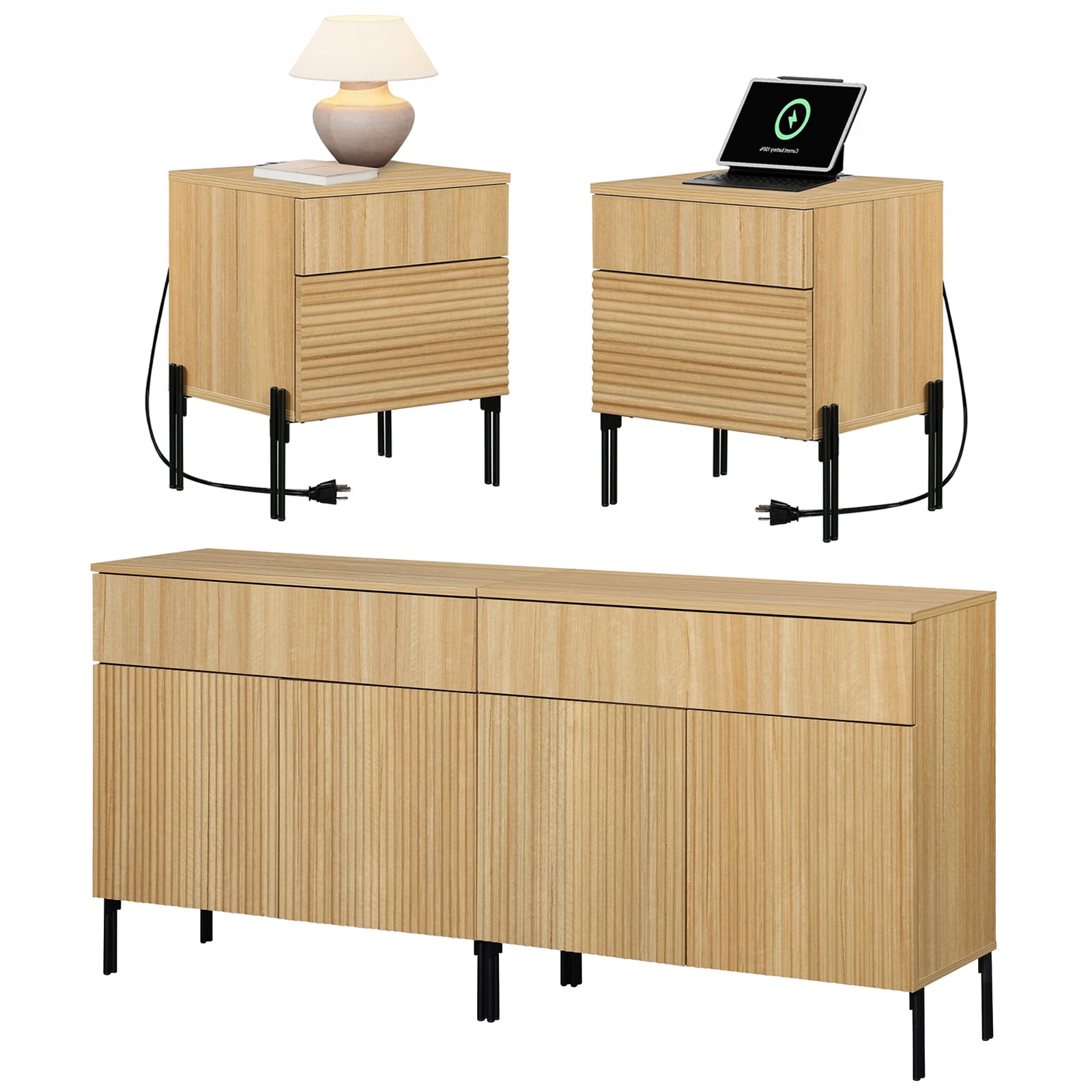 4 Pcs Bedroom Set，Wooden Dresser and Nightstand Sets for Bedroom, Reeded Dresser Set with Doors, Night Stand of 2 with Charging Station