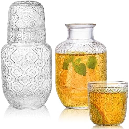 4 Pcs Bedside Water Carafe and Glass Tumblers, 20 OZ Clear Nightstand Pitcher with 5 OZ Cup Set, Glass Mouthwash Decanter Vintage Elegant Glassware for Juice, Kitchen, Bedroom, Bar, Bathroom$$