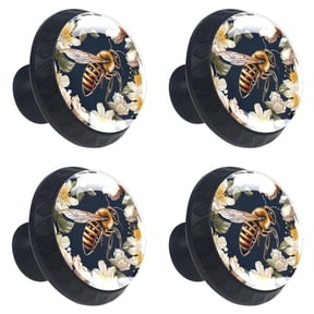 4 Pcs Bee Flying on Flower Print Cabinet Knobs 30mm Round Crystal Glass Drawer Handles Pulls with Screws for Kitchen Cupboard Wardrobe Closet Dresser, Home&Office