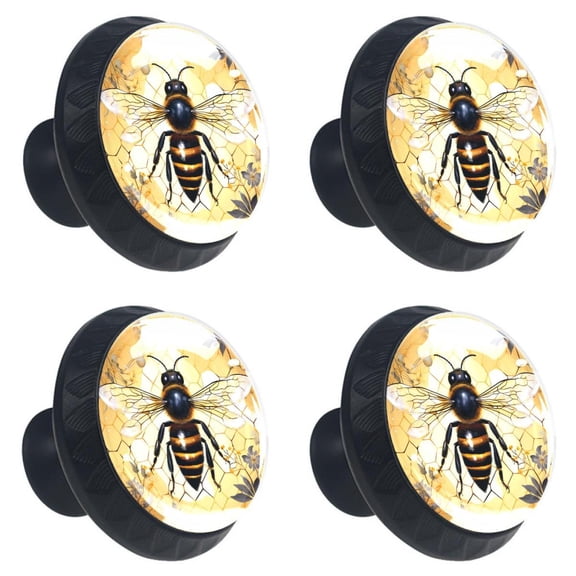4 Pcs Bee Flying on Flower Print Cabinet Knobs 30mm Round Crystal Glass Drawer Handles Pulls with Screws for Kitchen Cupboard Wardrobe Closet Dresser, Home&Office