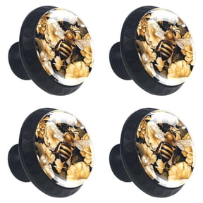 4 Pcs Bee Flying on Flower Print Cabinet Knobs 30mm Round Crystal Glass Drawer Handles Pulls with Screws for Kitchen Cupboard Wardrobe Closet Dresser, Home&Office