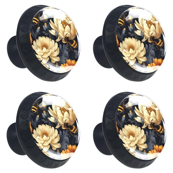4 Pcs Bee Flying on Flower Print Cabinet Knobs 30mm Round Crystal Glass Drawer Handles Pulls with Screws for Kitchen Cupboard Wardrobe Closet Dresser, Home&Office