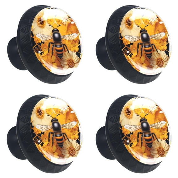 4 Pcs Bee on Honeycomb Print Cabinet Knobs 30mm Round Crystal Glass Drawer Handles Pulls with Screws for Kitchen Cupboard Wardrobe Closet Dresser, Home&Office