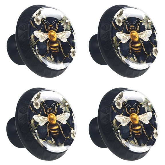 4 Pcs Bee on Honeycomb Print Cabinet Knobs 30mm Round Crystal Glass Drawer Handles Pulls with Screws for Kitchen Cupboard Wardrobe Closet Dresser, Home&Office