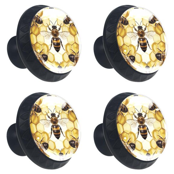 4 Pcs Bee on Honeycomb Print Cabinet Knobs 30mm Round Crystal Glass Drawer Handles Pulls with Screws for Kitchen Cupboard Wardrobe Closet Dresser, Home&Office
