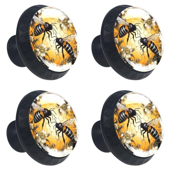 4 Pcs Bee on Honeycomb Print Cabinet Knobs 30mm Round Crystal Glass Drawer Handles Pulls with Screws for Kitchen Cupboard Wardrobe Closet Dresser, Home&Office