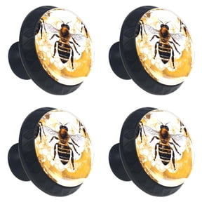 4 Pcs Bee on Honeycomb Print Cabinet Knobs 30mm Round Crystal Glass Drawer Handles Pulls with Screws for Kitchen Cupboard Wardrobe Closet Dresser, Home&Office