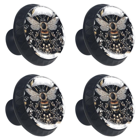 4 Pcs Bee Vintage Flowers Print Cabinet Knobs 30mm Round Crystal Glass Drawer Handles Pulls with Screws for Kitchen Cupboard Wardrobe Closet Dresser, Home&Office