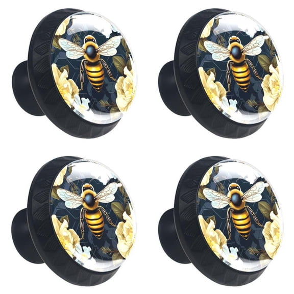 4 Pcs Bees on Blossom Flower Print Cabinet Knobs 30mm Round Crystal Glass Drawer Handles Pulls with Screws for Kitchen Cupboard Wardrobe Closet Dresser, Home&Office