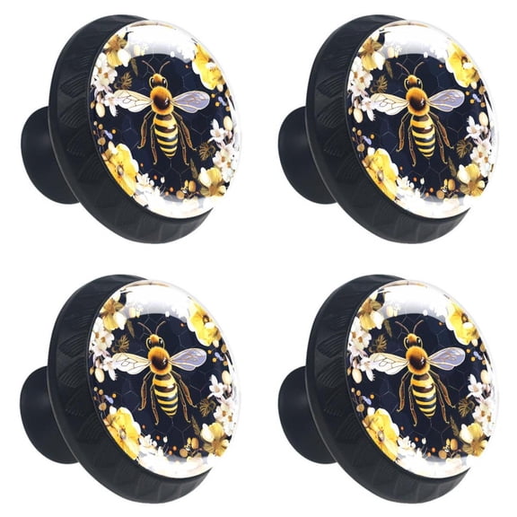 4 Pcs Bees on Blossom Flower Print Cabinet Knobs 30mm Round Crystal Glass Drawer Handles Pulls with Screws for Kitchen Cupboard Wardrobe Closet Dresser, Home&Office