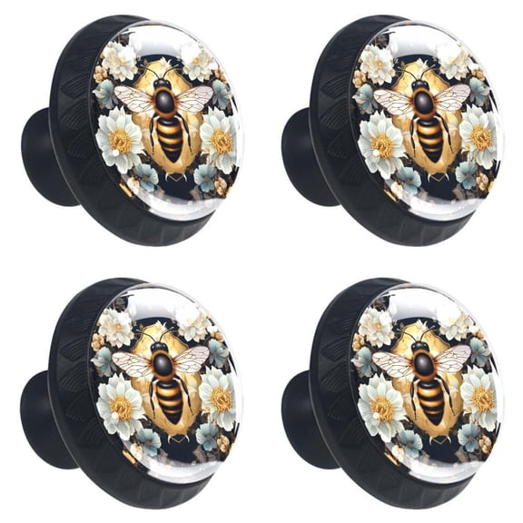 4 Pcs Bees on Blossom Flower Print Cabinet Knobs 30mm Round Crystal Glass Drawer Handles Pulls with Screws for Kitchen Cupboard Wardrobe Closet Dresser, Home&Office