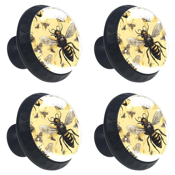 4 Pcs Bees Pattern Print Cabinet Knobs 30mm Round Crystal Glass Drawer Handles Pulls with Screws for Kitchen Cupboard Wardrobe Closet Dresser, Home&Office