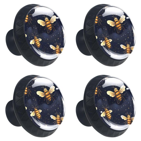 4 Pcs Bees Pattern Print Cabinet Knobs 30mm Round Crystal Glass Drawer Handles Pulls with Screws for Kitchen Cupboard Wardrobe Closet Dresser, Home&Office