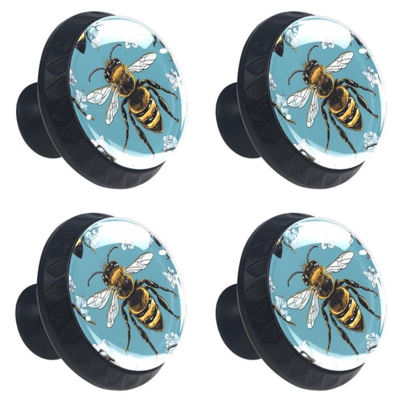 4 Pcs Bees Pattern Print Cabinet Knobs 30mm Round Crystal Glass Drawer Handles Pulls with Screws for Kitchen Cupboard Wardrobe Closet Dresser, Home&Office