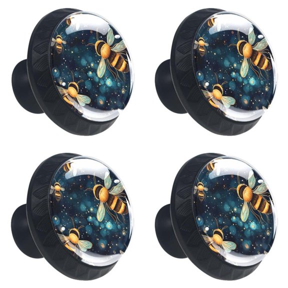 4 Pcs Bees on Starry Sky Print Cabinet Knobs 30mm Round Crystal Glass Drawer Handles Pulls with Screws for Kitchen Cupboard Wardrobe Closet Dresser, Home&Office