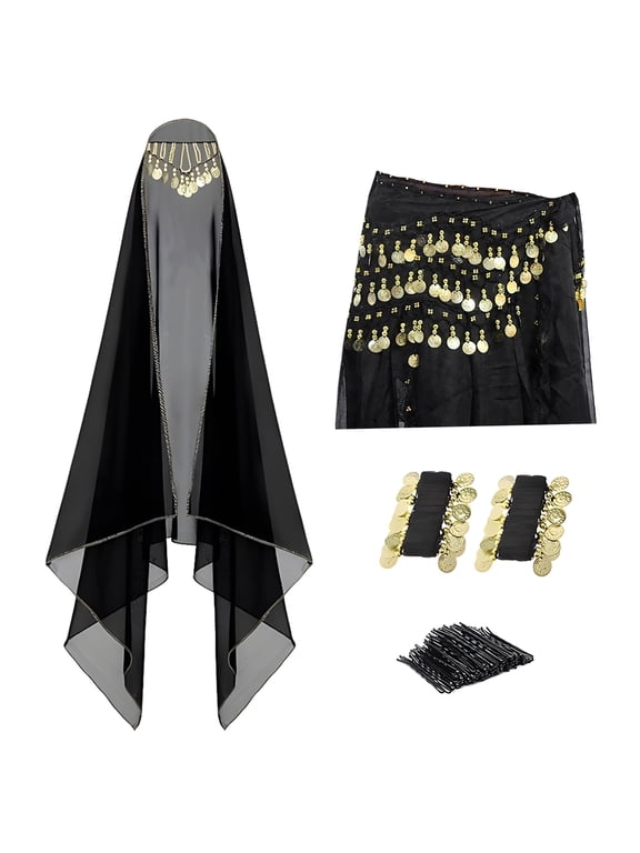 4 Pcs Belly Dance Outfit Sets, Chiffon Hip Scarf, Veil & Coin Wristbands, 50 Hair Clips, Gypsy Costume Women, Black
