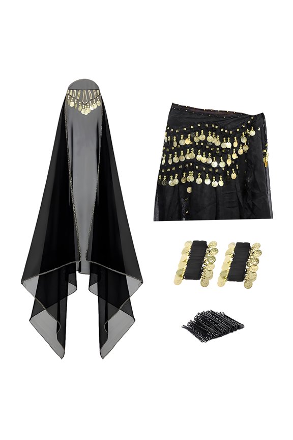 4 Pcs Belly Dance Outfit Sets, Chiffon Hip Scarf, Veil & Coin Wristbands, 50 Hair Clips, Gypsy Costume Women, Black