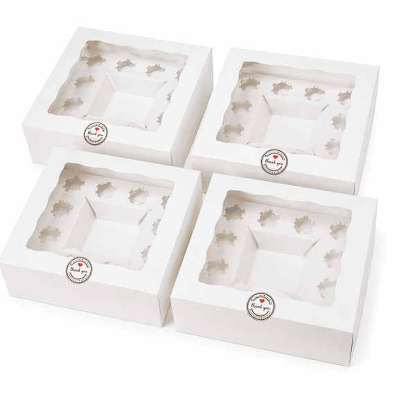 4 Pcs Bento Cake Boxes with Stickers, 1+8 Cupcake Carriers with Clear Window for Birthday Wedding, Bakery Takeout Containers