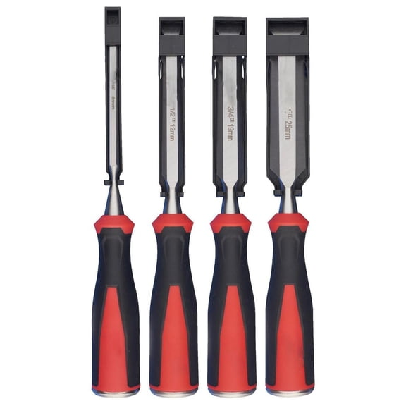 4 Pcs Beveled Edge Chisels Set, with Non Slip handle, Red
