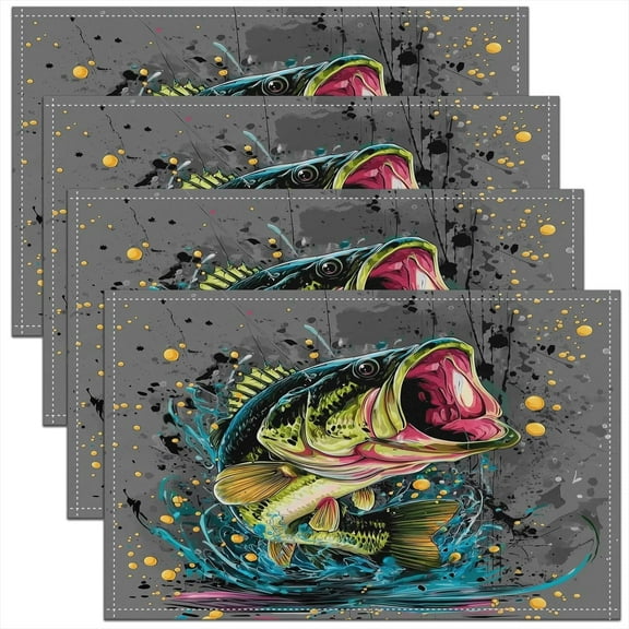 4 Pcs of Big Pike Fish Place Mats 12X18 Inch, Hunting and Fishing Placemats Fishing Tie Dye Waterproof Placemats for Dining Table for Rustic Farmhouse Lake Cabin, Sea Animal Table Mats