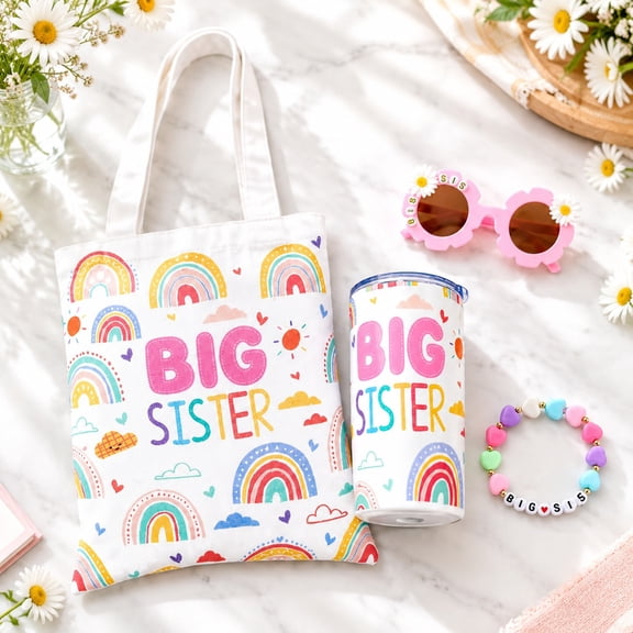 4 Pcs Big Sister Gifts Set, Cute Gift for Sister with 12 oz Stainless Steel Tumbler, Canvas Tote Bag, Heart Bracelet and Glasses, Birthday Gifts for Women, Family Gatherings and Celebrations