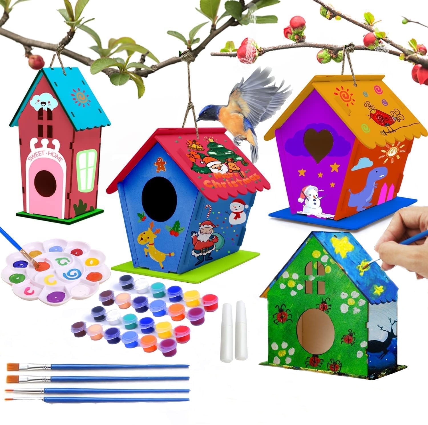 4 Pcs Bird House Kits, Arts and Crafts for Kids Ages 4-8, DIY Birdhouse Crafts for Kids to Build and Paint, Painting for Kids Ages 4-12, Wooden Birdhouse Art, Birthday, Children's Day Gift