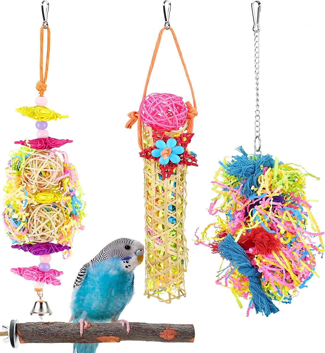 4 Pcs Bird Parrot Toys, Colorful Chewing Shredder Toys Shred Hanging