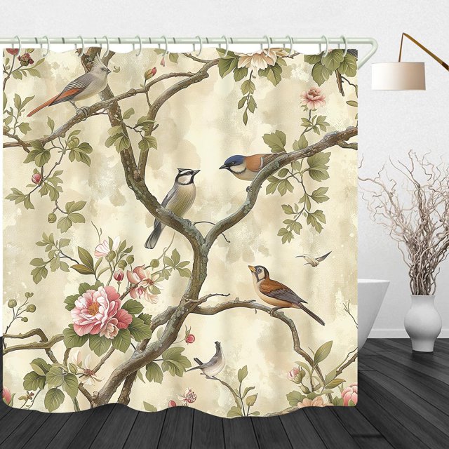 4 Pcs Bird Rose Floral Shower Curtain Set Bathroom Sets with Waterproof