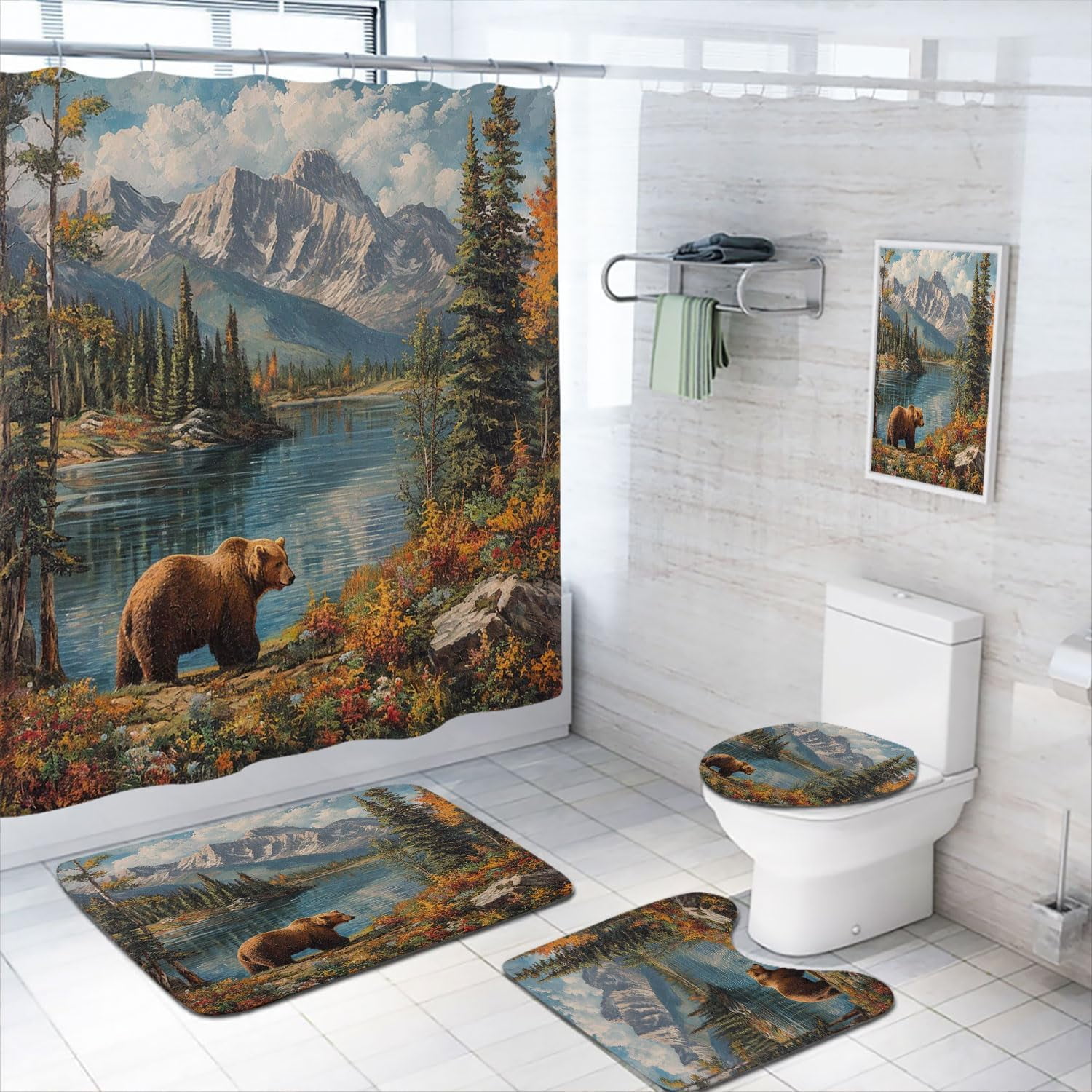 4 Pcs Black Bear Bathroom Shower Curtain Set with Rug, Toilet Lid Cover and Bath Mat, Rustic ...