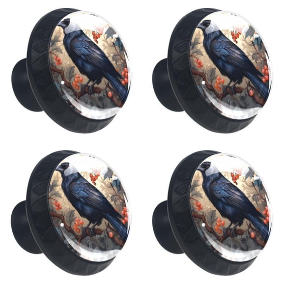 4 Pcs Black Crow Print Cabinet Knobs 30mm Round Crystal Glass Drawer Handles Pulls with Screws for Kitchen Cupboard Wardrobe Closet Dresser, Home&Office