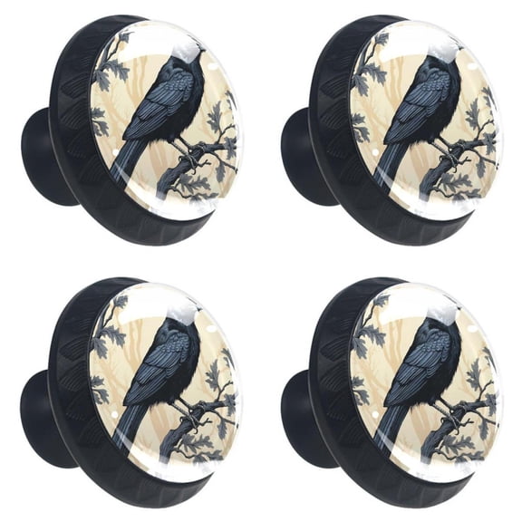 4 Pcs Black Crow Print Cabinet Knobs 30mm Round Crystal Glass Drawer Handles Pulls with Screws for Kitchen Cupboard Wardrobe Closet Dresser, Home&Office