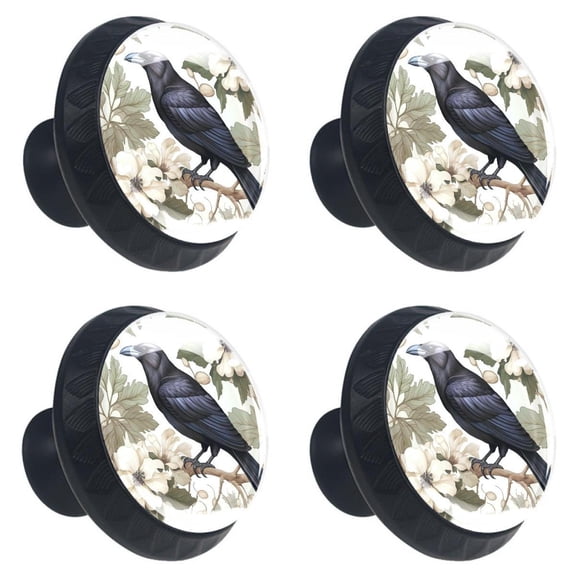 4 Pcs Black Crow Print Cabinet Knobs 30mm Round Crystal Glass Drawer Handles Pulls with Screws for Kitchen Cupboard Wardrobe Closet Dresser, Home&Office