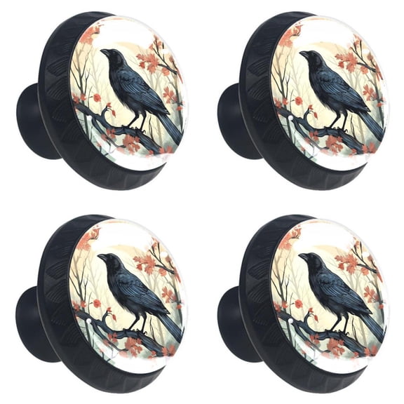 4 Pcs Black Crow Print Cabinet Knobs 30mm Round Crystal Glass Drawer Handles Pulls with Screws for Kitchen Cupboard Wardrobe Closet Dresser, Home&Office