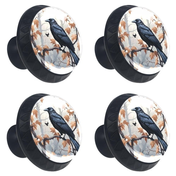 4 Pcs Black Crow Print Cabinet Knobs 30mm Round Crystal Glass Drawer Handles Pulls with Screws for Kitchen Cupboard Wardrobe Closet Dresser, Home&Office