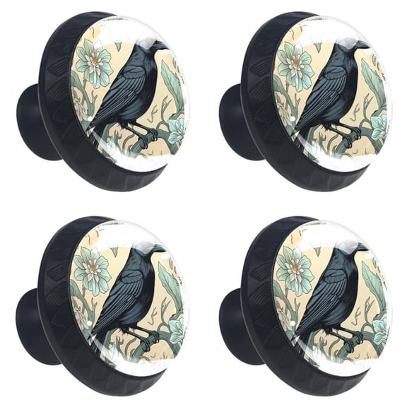 4 Pcs Black Crow Print Cabinet Knobs 30mm Round Crystal Glass Drawer Handles Pulls with Screws for Kitchen Cupboard Wardrobe Closet Dresser, Home&Office