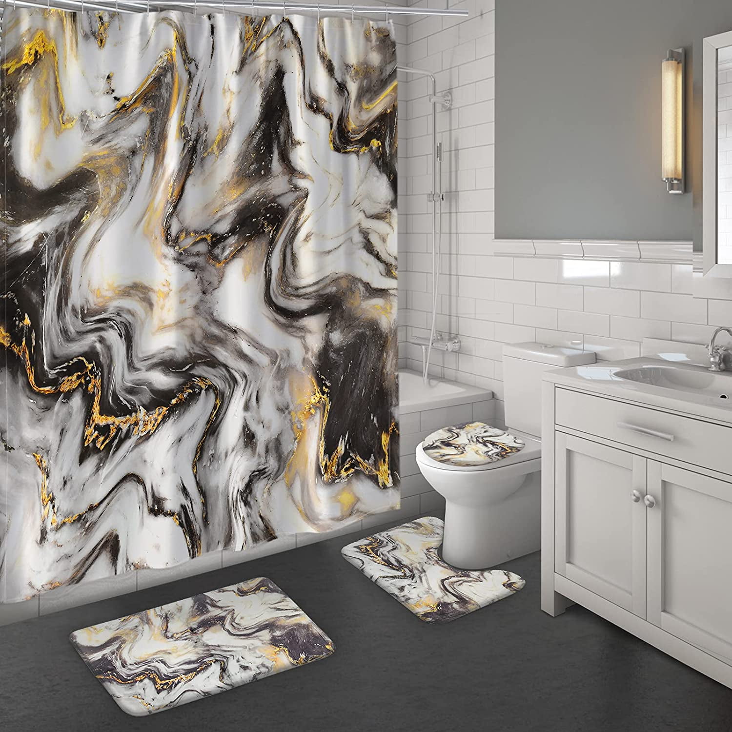 4 Pcs Black Gold Marble Bathroom Sets with Shower Curtain and Rugs and