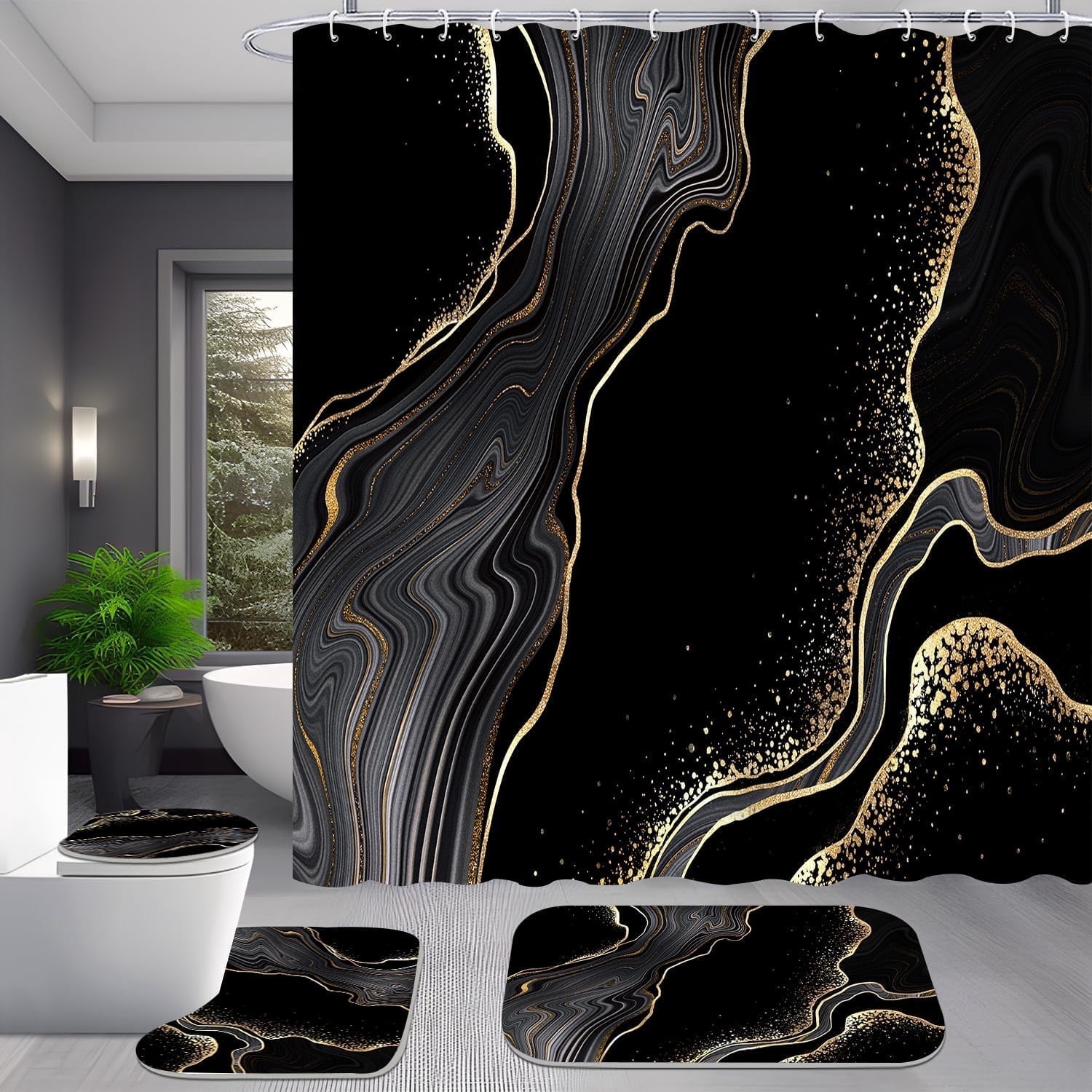 4pcs Black and Gold Marble Shower Curtain Set with Hooks for Bathroom