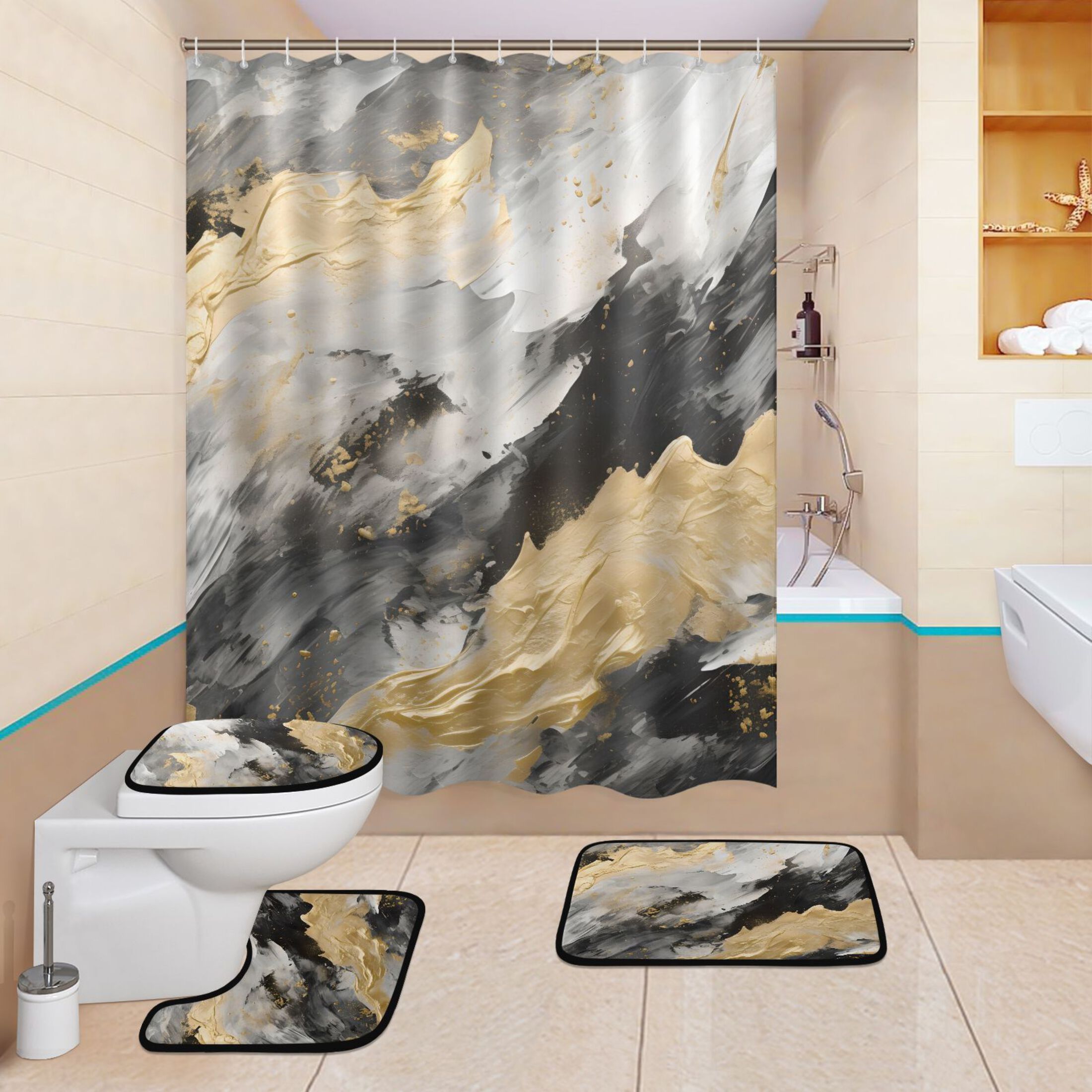 4 Pcs Black Golden Marble Bathroom Shower Curtain Set with 12 Hooks