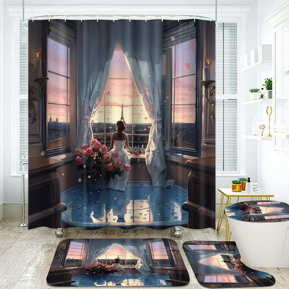 4 Pcs Black King Lion Shower Curtain Set, African American Man Shower Curtains for Bathroom, Afro King Animal Bathroom Sets with Shower Curtain with Rugs Toilet Lid Cover Bath Mat and Hooks