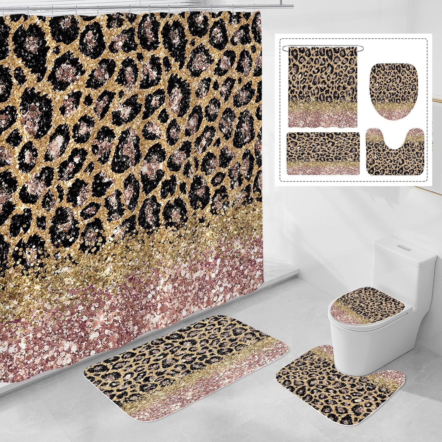 Set Bagno 4 Pezzi Leopardato Marrone Con Tenda, Tappeti E Accessori | Stampa Rose Blu E Floreale | Morbido Antiscivolo Per Decorazione Bagno