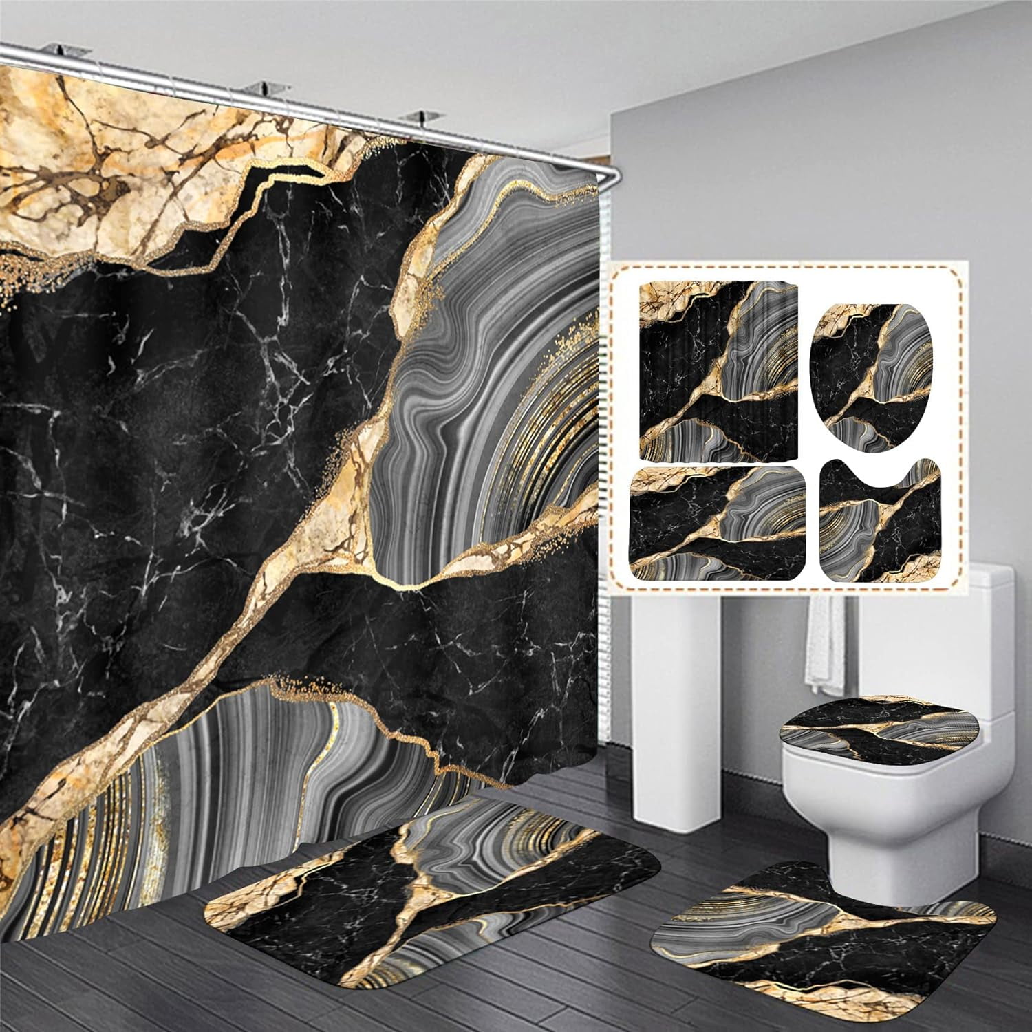 4 Pcs Black Marble Shower Curtain Sets with Rugs Gold Bathroom Sets with Shower Curtain and Rugs Modern Abstract Bathroom Decor Accessories Shower Curtains for Bathroom Toilet Lid Cover