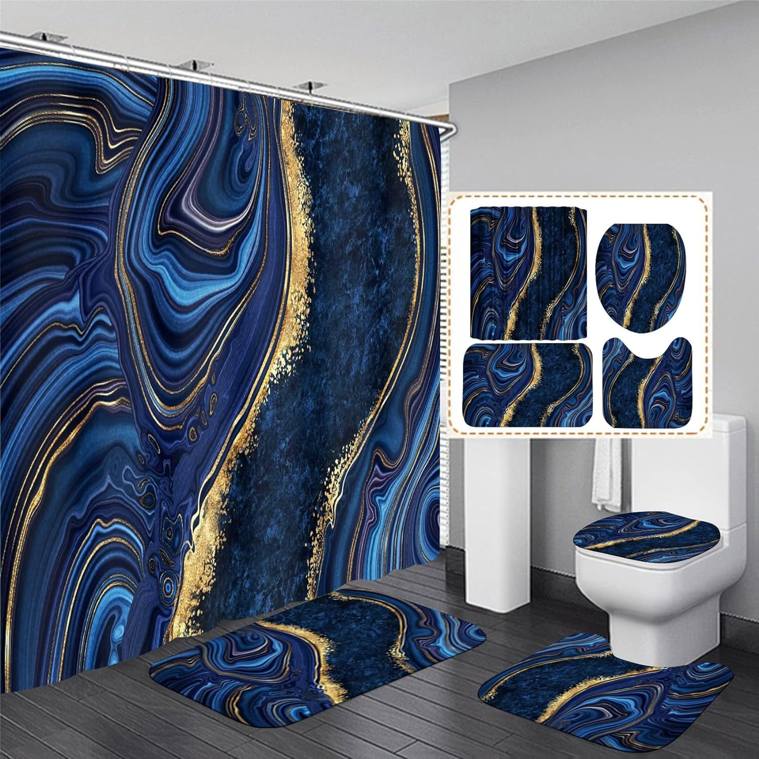4 Pcs Black Marble Shower Curtain Sets with Rugs Gold Bathroom Sets with Shower Curtain and Rugs Modern Abstract Bathroom Decor Accessories Shower Curtains for Bathroom Toilet Lid Cover