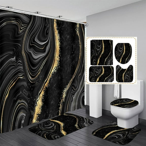4 Pcs Black Marble Shower Curtain Sets with Rugs Gold Bathroom Sets with Shower Curtain and Rugs Modern Abstract Bathroom Decor Accessories Shower Curtains for Bathroom Toilet Lid Cover