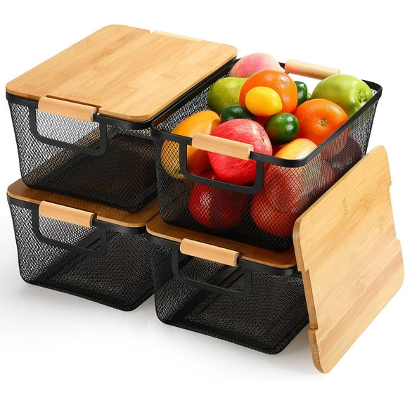 4 Pcs Black Metal Wire Basket with Wooden Handles and Bamboo Lids 12.2" x 8.27" x 5.5" Mesh Steel Basket Stackable Storage Bins Organizer Containers for Vegetables Fruit Home Cabinet Pantry