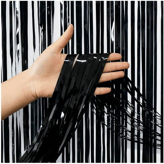 WVARK 4 Pcs Black Metallic Foil Curtains 3.28ft x 6.56ft Shine Fringe Tinsel Backdrop for Photo Booth, Wedding, Christmas, New Year, Baby Shower