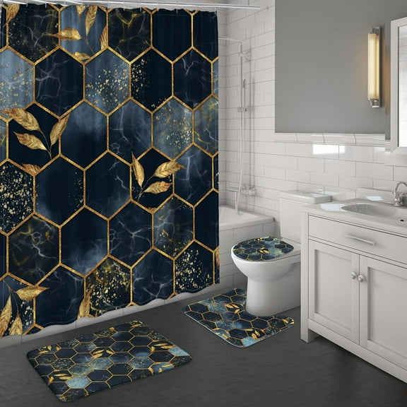 4 Pcs Black Shower Curtain Sets with Rugs, Black Gold Marble Bathroom Decor Sets with Shower Curtain and Rugs and Accessories, Modern Geometric Black Grey Bathroom Curtain Sets with Mats