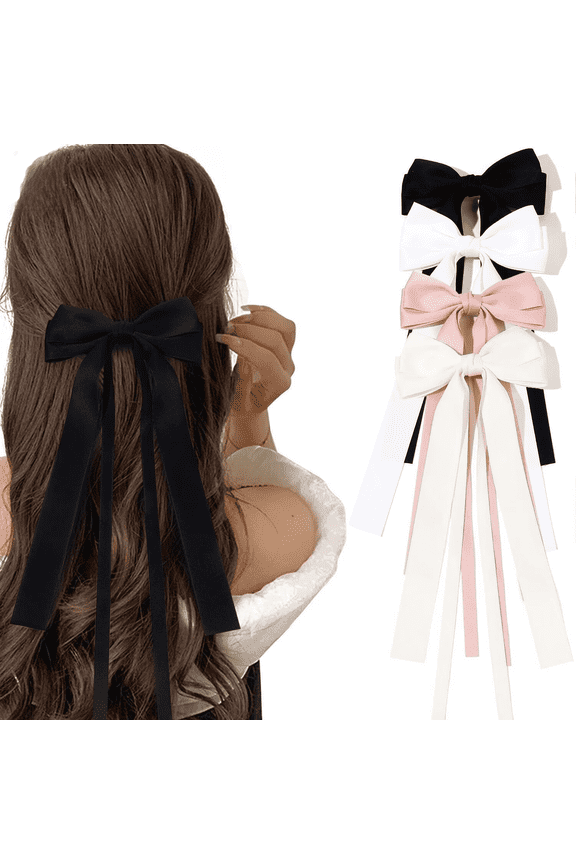 4 Pcs Black Silky Satin Hair Bows with Metal Clips Fashion Hair Ribbon Accessories for Women and Girls
