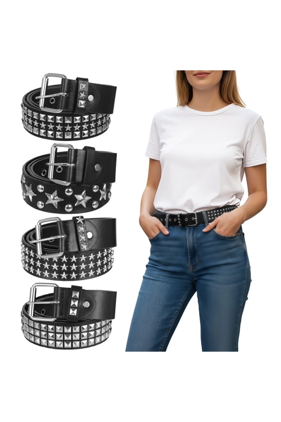 4 Pcs Black Studded Belts, Y2K Belt Punk Rock Grommet Belt 43 in Long Studded Rivet/Square Beads/Stars for Men Women